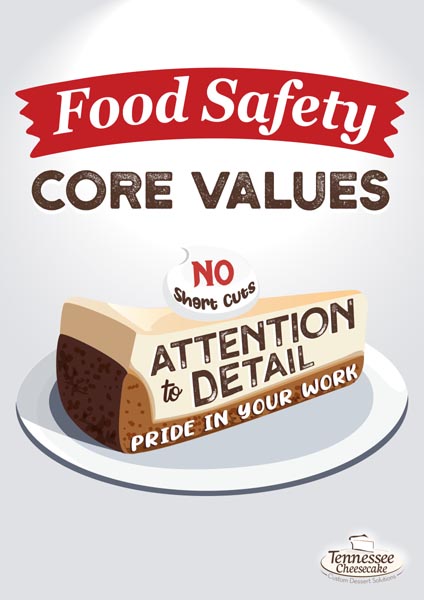 Food Safety Core Values: Attention to detail, Pride in your work, No shortcuts